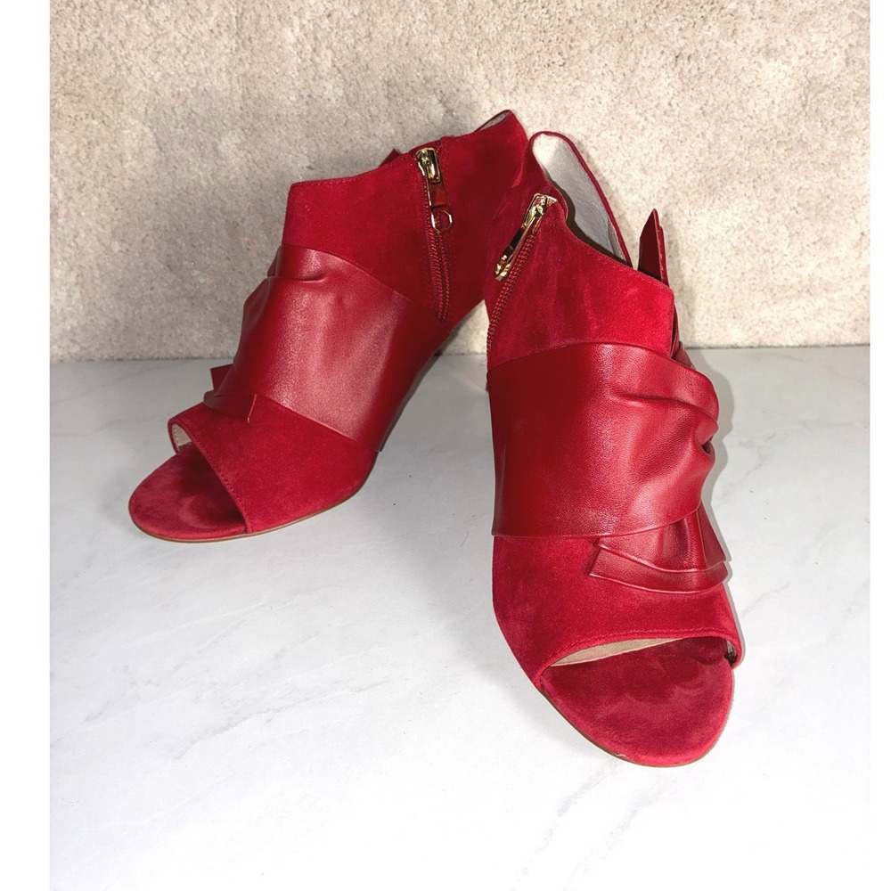 Louise et Cie Red Peep Toe Heels - 7.5 - Suede Leather Twist Bootie Chic Elegant